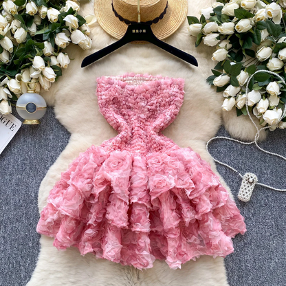 Pink 3D Floral Strapless Party Dress