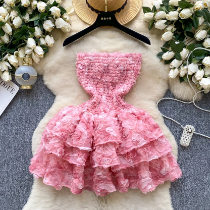Pink 3D Floral Strapless Party Dress