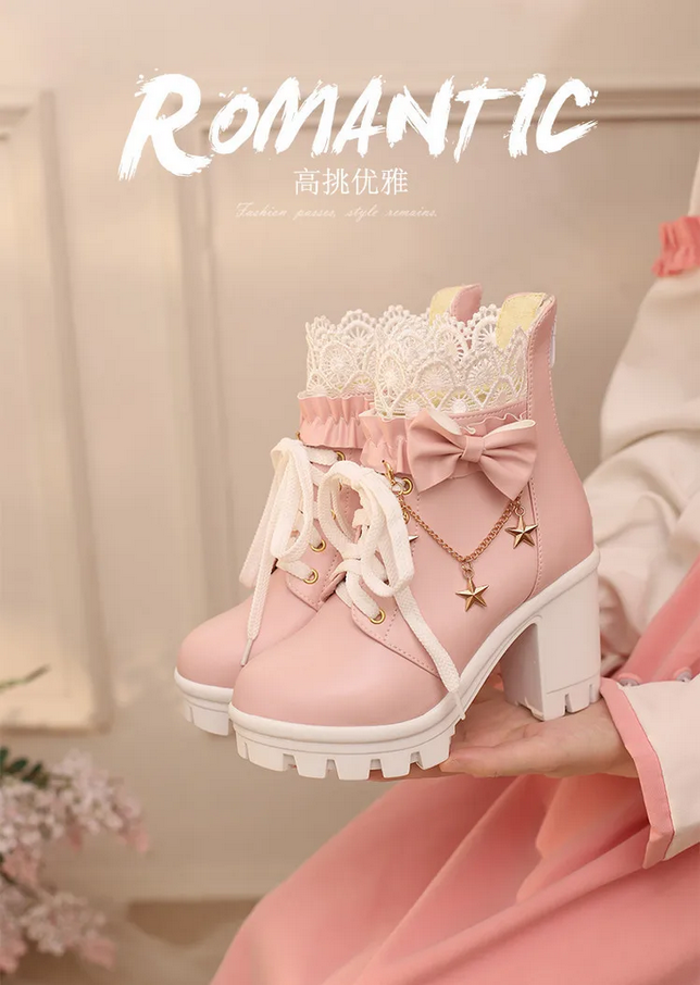 Sweet Lolita Pink Platform Boots with Lace & Bow