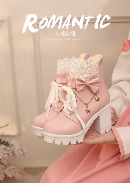 Sweet Lolita Pink Platform Boots with Lace & Bow
