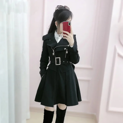 Gothic Belted Trench Coat with Zipper Details