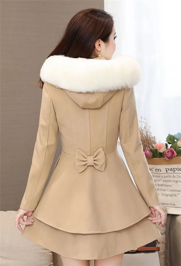 Sweet Fur-Trimmed Hooded Coat with Bow Detail