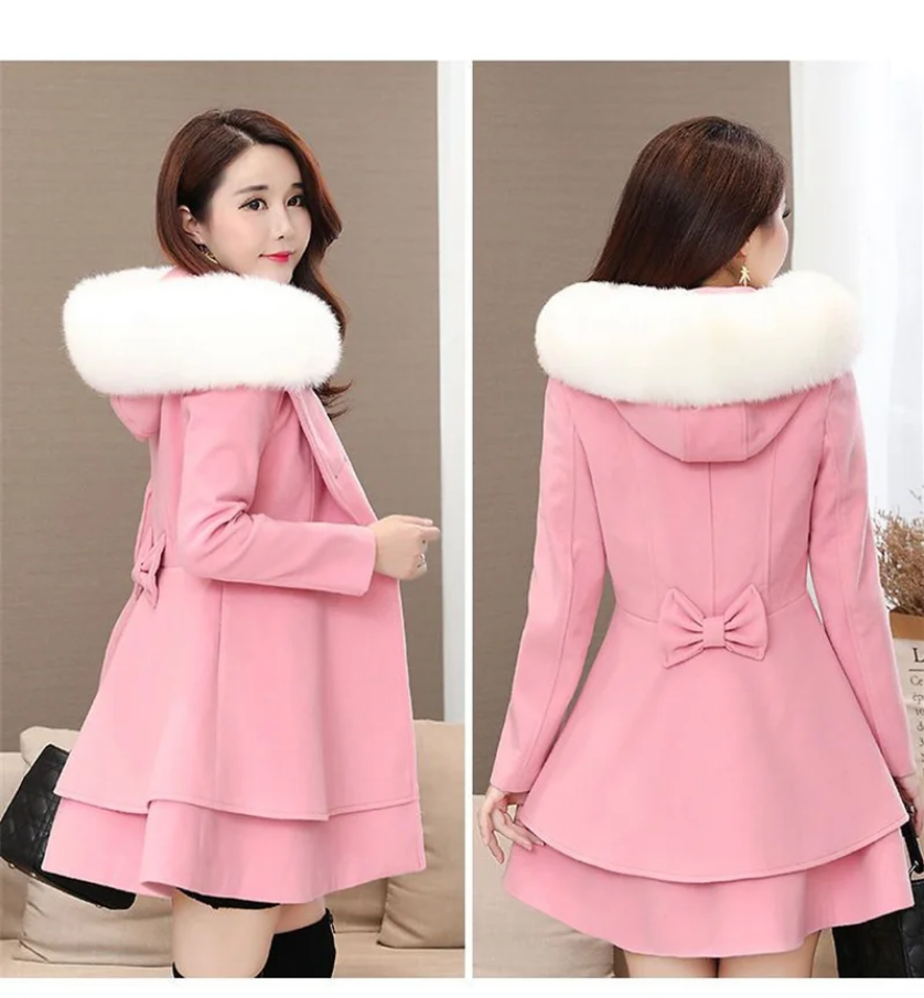 Sweet Fur-Trimmed Hooded Coat with Bow Detail
