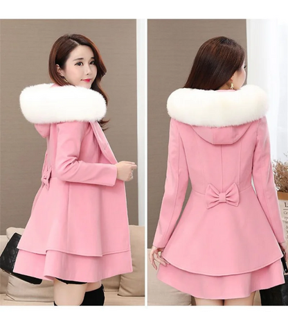 Sweet Fur-Trimmed Hooded Coat with Bow Detail
