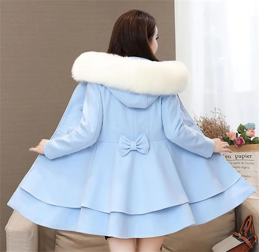 Sweet Fur-Trimmed Hooded Coat with Bow Detail