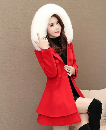 Sweet Fur-Trimmed Hooded Coat with Bow Detail