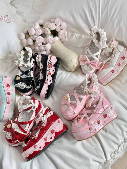 Little Strawberry Lolita Platform Shoes with Lace & Bow