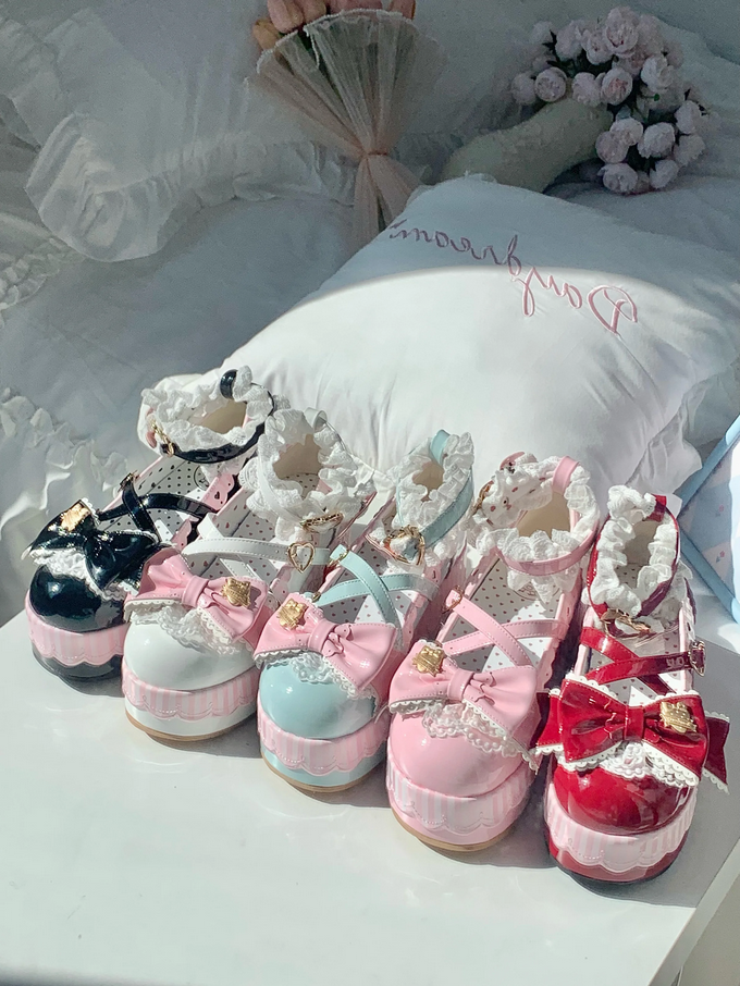 Little Strawberry Lolita Platform Shoes with Lace & Bow