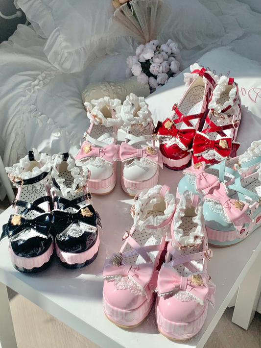 Little Strawberry Lolita Platform Shoes with Lace & Bow