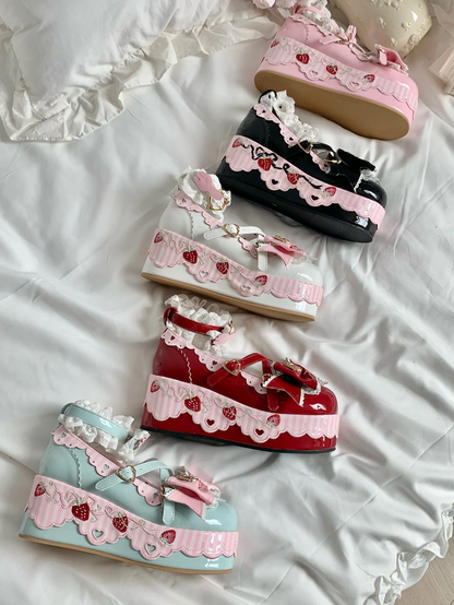 Little Strawberry Lolita Platform Shoes with Lace & Bow