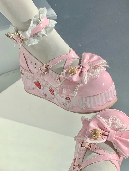Little Strawberry Lolita Platform Shoes with Lace & Bow