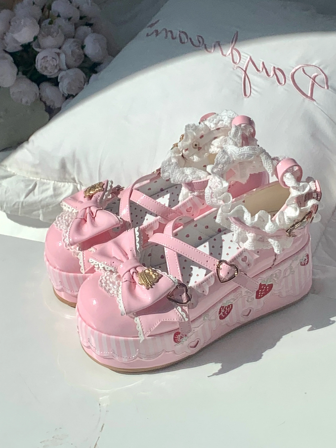 Little Strawberry Lolita Platform Shoes with Lace & Bow