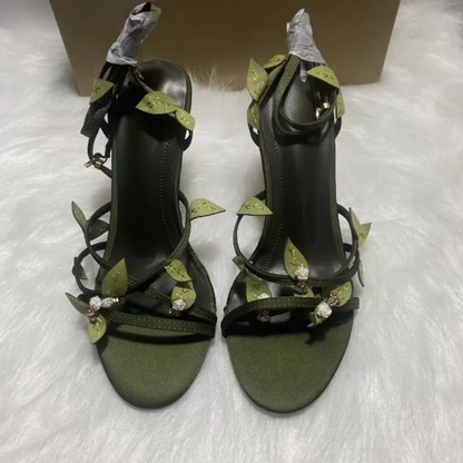 Enchanted Forest Green Heels with Leaf & Crystal Details