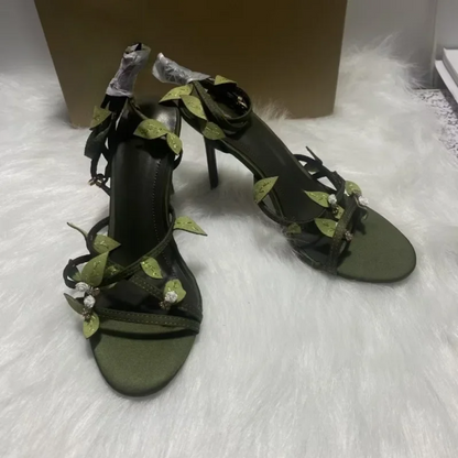 Enchanted Forest Green Heels with Leaf & Crystal Details