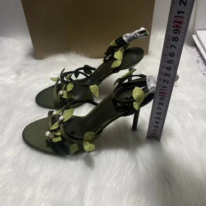 Enchanted Forest Green Heels with Leaf & Crystal Details