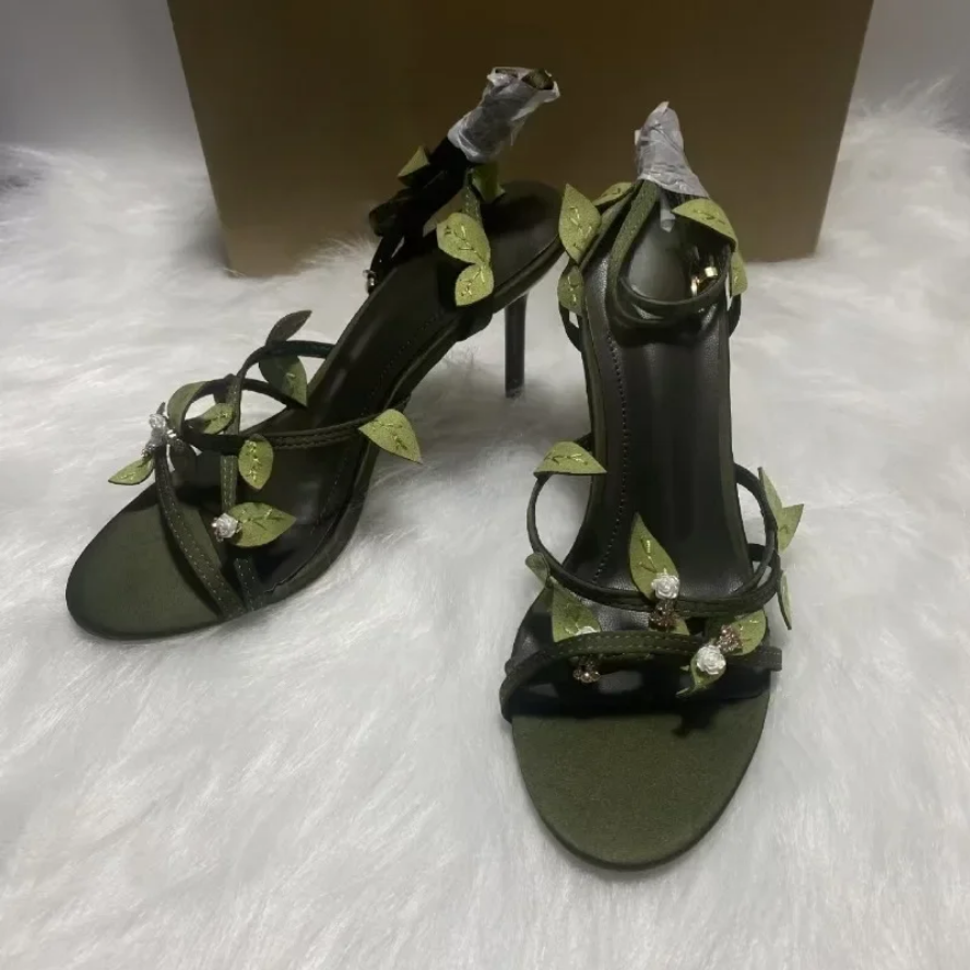 Enchanted Forest Green Heels with Leaf & Crystal Details