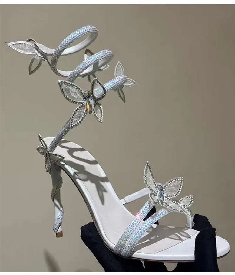 Dazzling Butterfly Crystal Leg-Wrap Stiletto Heels