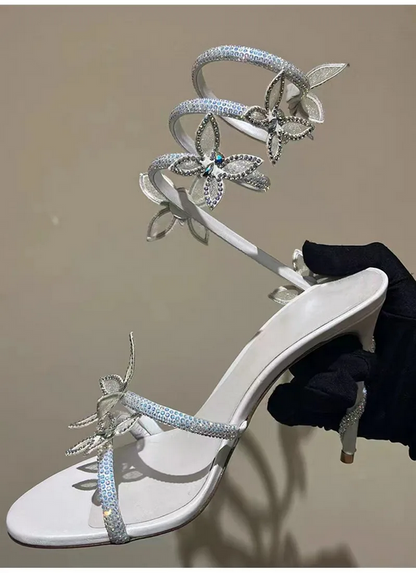 Dazzling Butterfly Crystal Leg-Wrap Stiletto Heels
