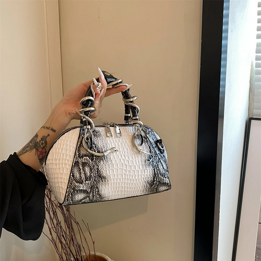 Luxe Snakeskin Embossed Handbag with Chain Handles