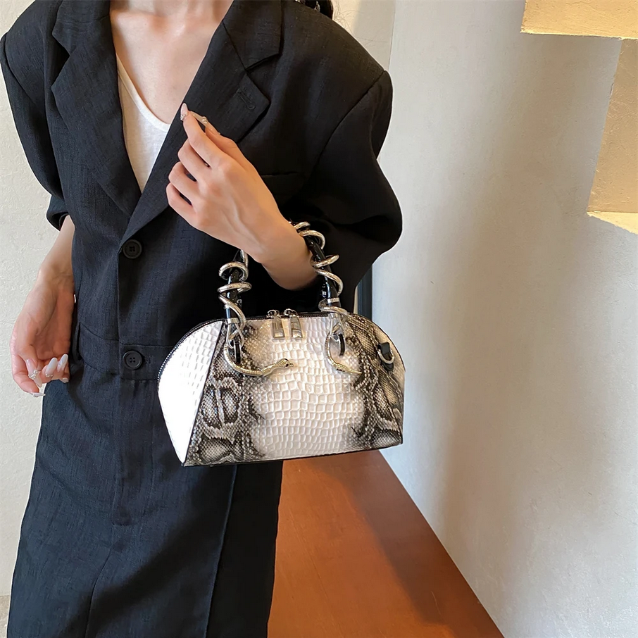 Luxe Snakeskin Embossed Handbag with Chain Handles