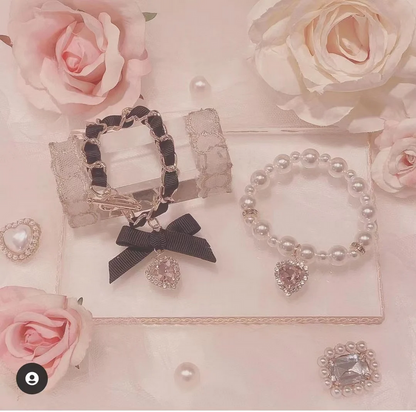 Enchanted Heart Pearl & Ribbon Bracelet Set
