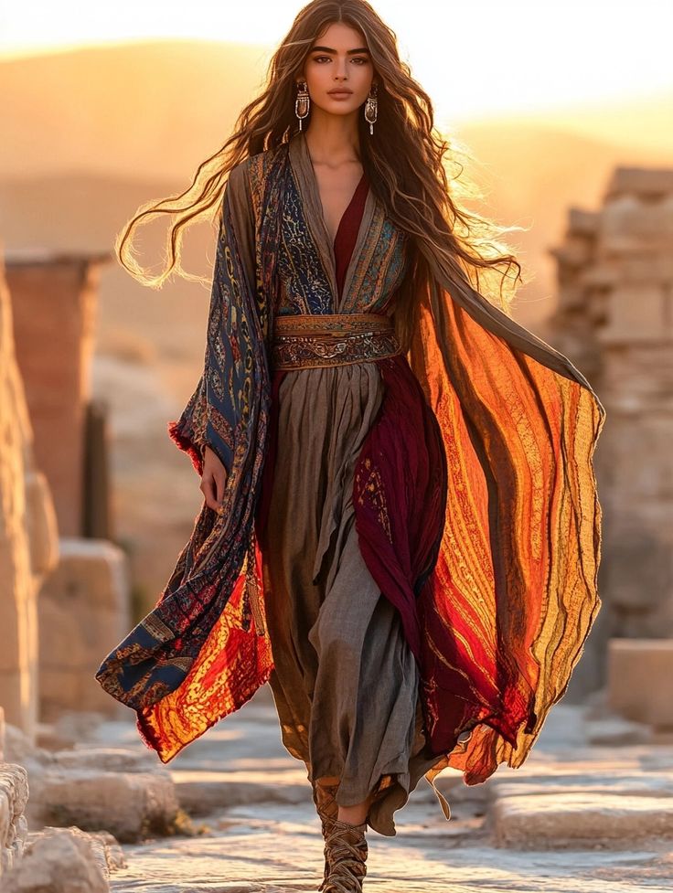 Woman in a colorful dress standing in front of ancient ruins at sunset.