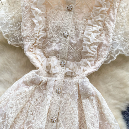 Summer French Retro Flower Embroidery Lace Dress