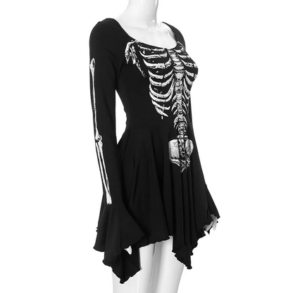 Flare Sleeve Black Skull Print Mini Dress