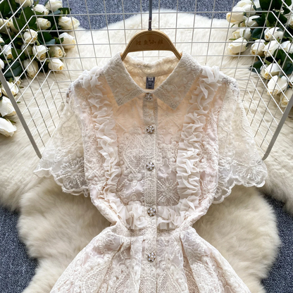 Summer French Retro Flower Embroidery Lace Dress