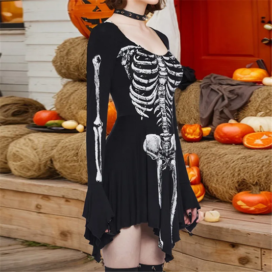 Flare Sleeve Black Skull Print Mini Dress