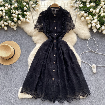 Summer French Retro Flower Embroidery Lace Dress