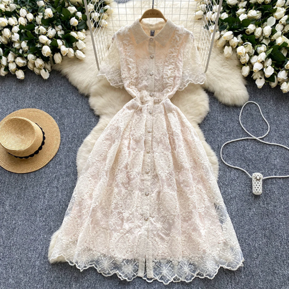 Summer French Retro Flower Embroidery Lace Dress