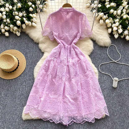 Summer French Retro Flower Embroidery Lace Dress