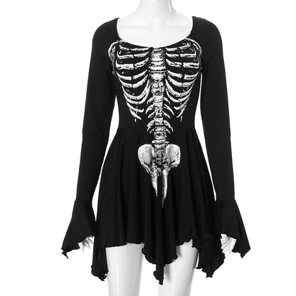 Flare Sleeve Black Skull Print Mini Dress